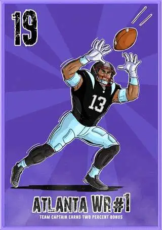 GIF animation of NFTdrafter's season 1 NFT card for the Atlanta Wide Receiver number 1 in depth chart with a 19 points usage. The animation of the card displays some clouds around the wrists and ankles of the player demonstrating how powerful his muscles are to catch the ball