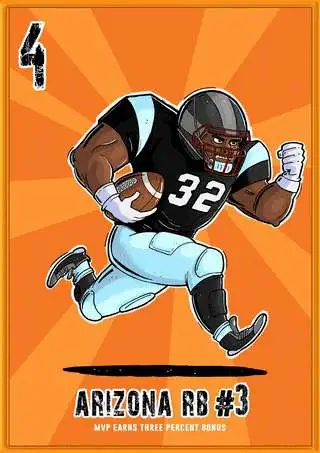 GIF animation of NFTdrafter's season 1 NFT card for the Arizona Running Back number 3 in depth chart with a 4 points usage. The animation of the card glows in a golden effect as if the player run at the speed of light