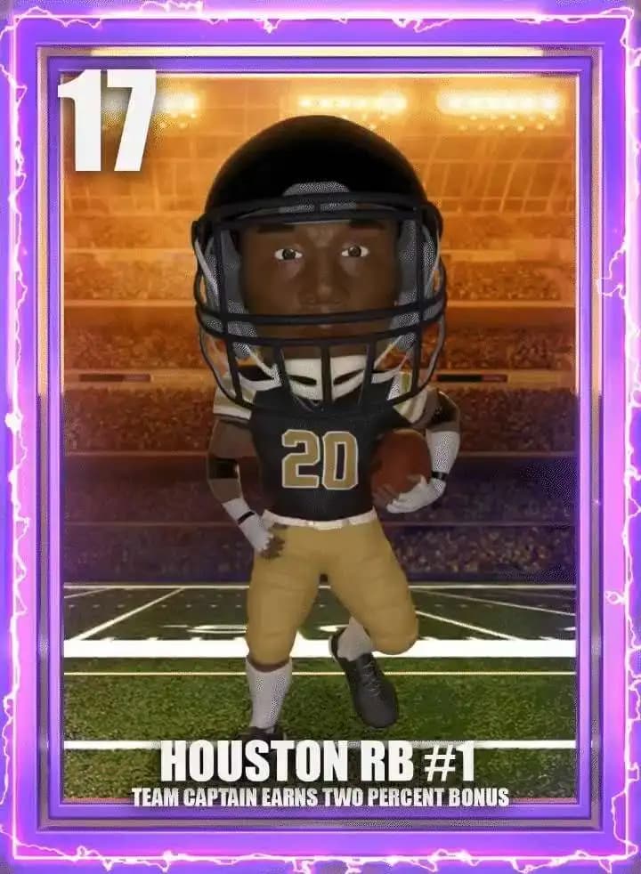 GIF animation of NFTdraft's season 3 NFT card for the Houston Running Back number 1 in depth chart. This card is a team captain rarity