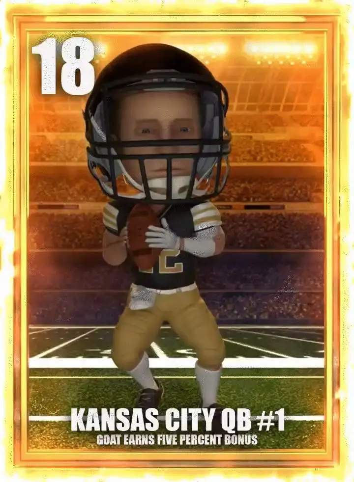 GIF animation of NFTdraft's season 3 NFT card for the Kansas City Quarter Back number 1 in depth chart. This card is a GOAT rarity